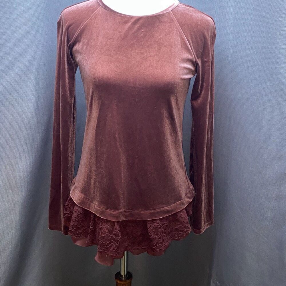 Sundance Catalog Velvet Velour w/lace trim maroon shirt/top XS